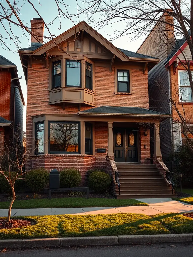 A modern craftsman-style house in the Pearl District of Portland, Oregon, with large windows and a well-manicured front yard, showcasing the blend of urban living and architectural detail.