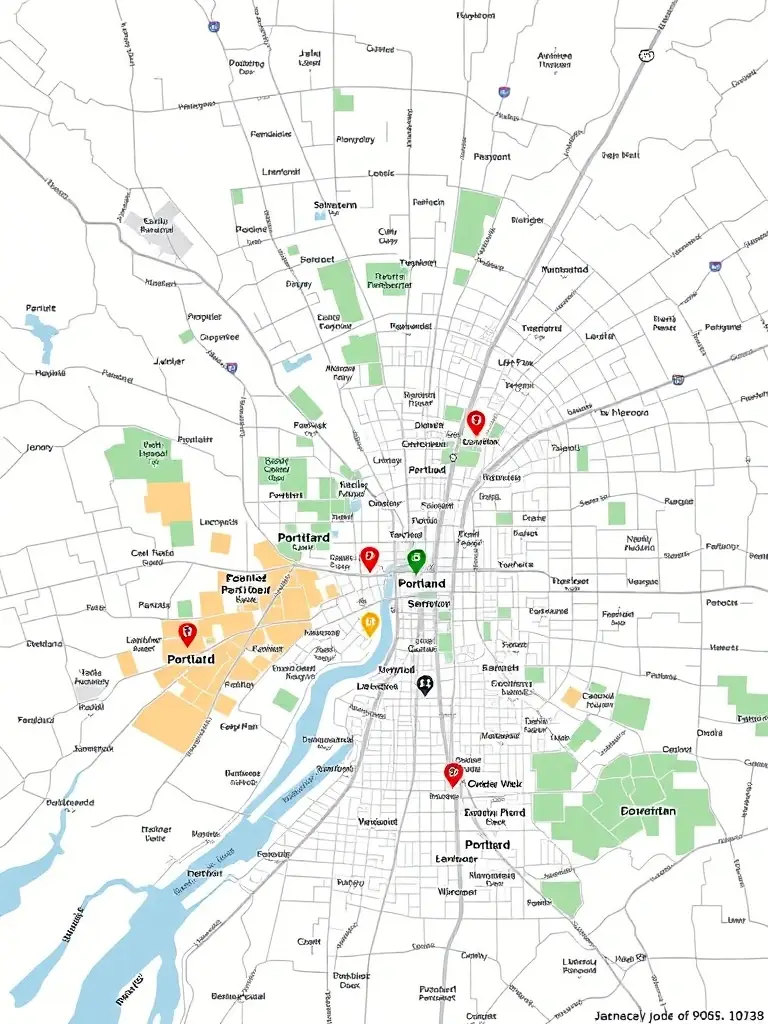 A map of Portland highlighting different neighborhoods, representing the 'Location' filter option. The image should clearly show the boundaries and key landmarks of each neighborhood.