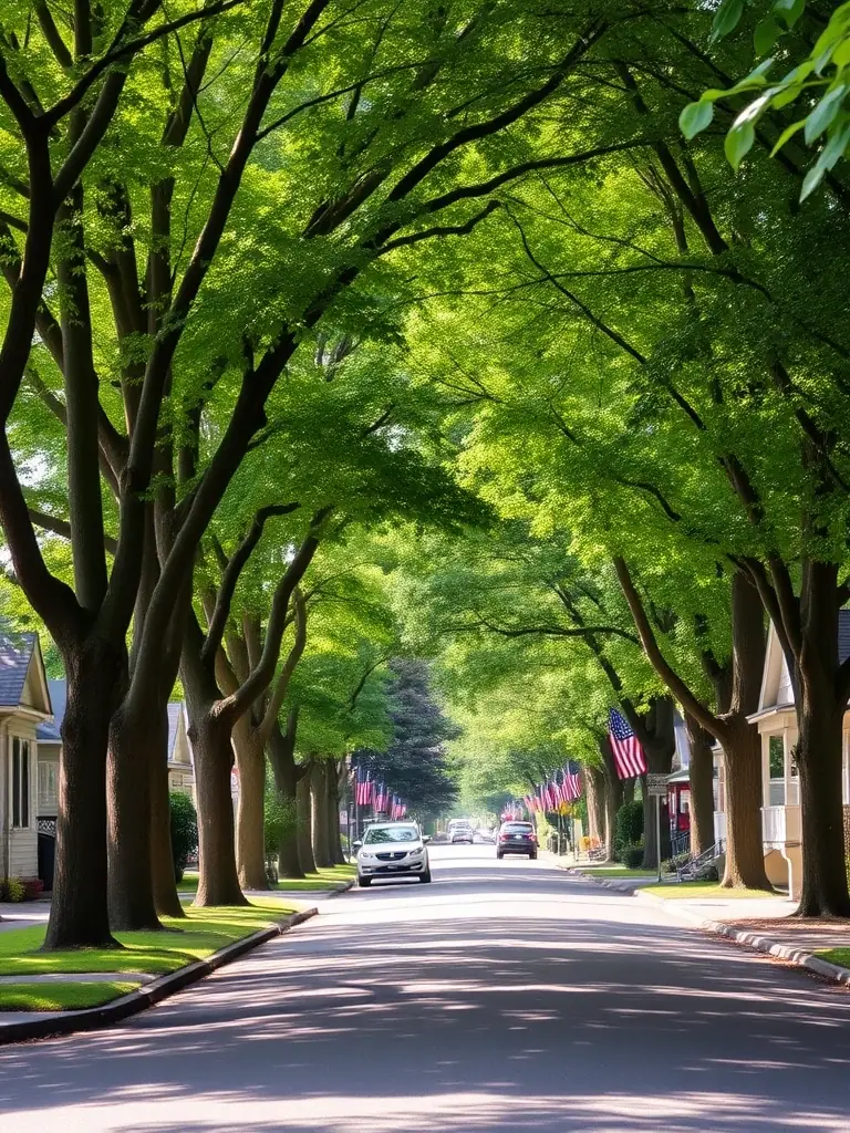 A serene photograph of a residential street in Lake Oswego, Oregon, lined with trees and featuring well-maintained homes, reflecting the town's upscale and family-friendly atmosphere.