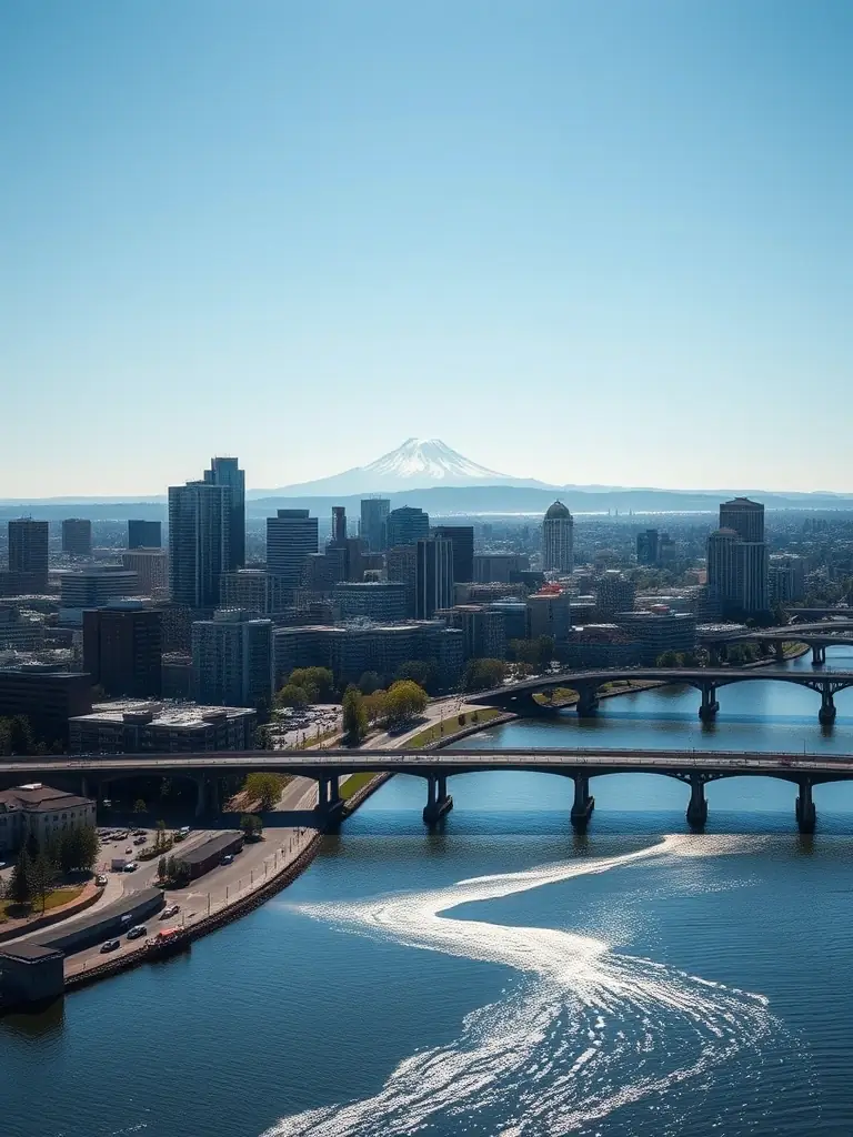 A vibrant, sunlit image capturing the essence of downtown Portland, Oregon, showcasing the Willamette River, bridges, and the city skyline, emphasizing the urban lifestyle and accessibility.