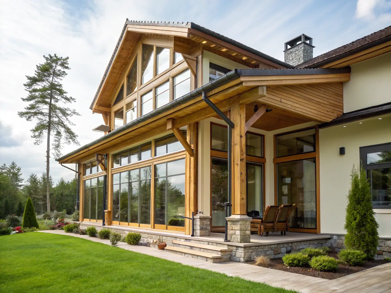 A modern craftsman-style home in Portland, Oregon, showcasing its unique architectural details and lush landscaping, emphasizing the blend of urban and natural elements.