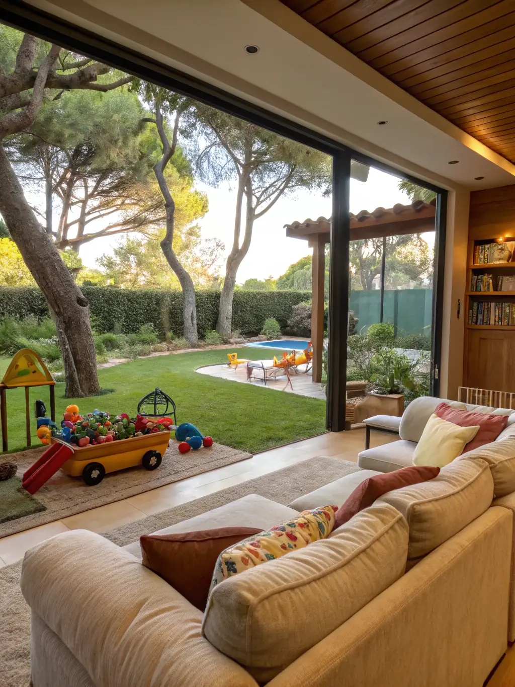 A cozy living room with a fireplace and large windows overlooking a green backyard, representing the 'Amenities' filter option. The image should evoke a sense of comfort and relaxation.