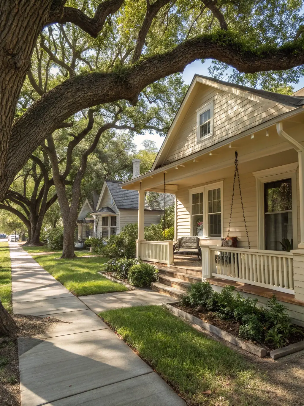 A cozy bungalow in the Sellwood-Moreland neighborhood of Portland, with a lush garden, a vintage-style exterior, and a peaceful residential street, reflecting the neighborhood's family-friendly atmosphere and close-knit community.