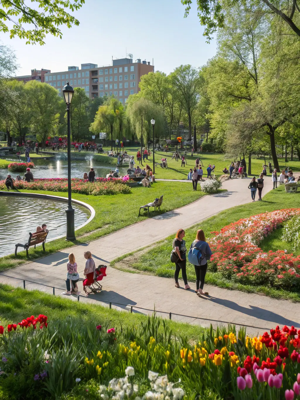 A picturesque scene of a park in Hillsboro, Oregon, with lush greenery, walking trails, and families enjoying outdoor activities, emphasizing the city's commitment to green spaces and community.