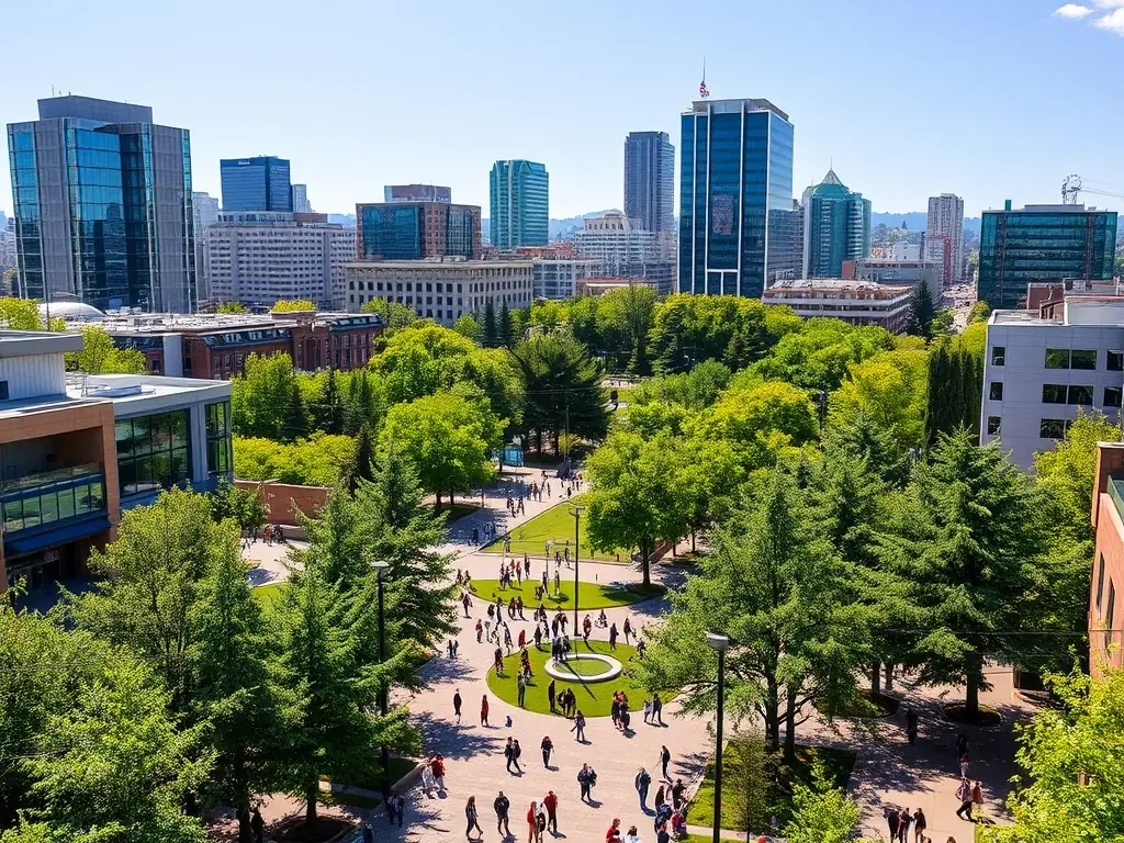 A vibrant street scene in the Pearl District of Portland, showcasing modern architecture, bustling cafes, and pedestrian-friendly walkways, capturing the neighborhood's upscale and urban atmosphere.