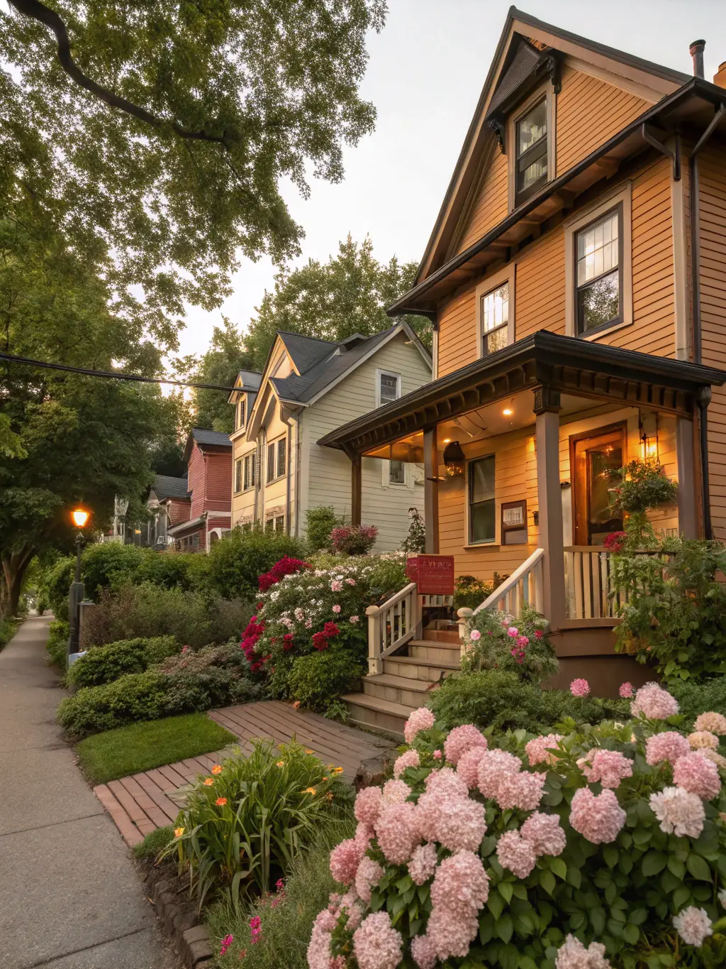 A cozy bungalow in a quiet residential neighborhood of Portland, Oregon, with a well-maintained garden and a classic front porch, representing comfortable suburban living.