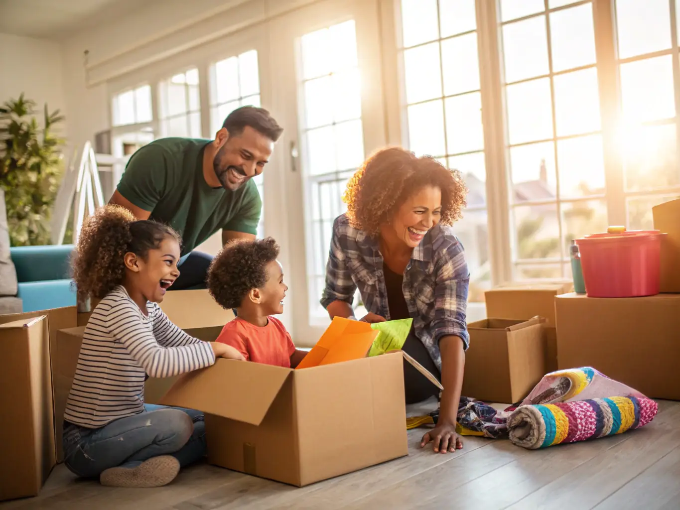 An image of a family happily unpacking boxes in their new Portland home, with a focus on the warm and inviting interior and the sense of belonging.