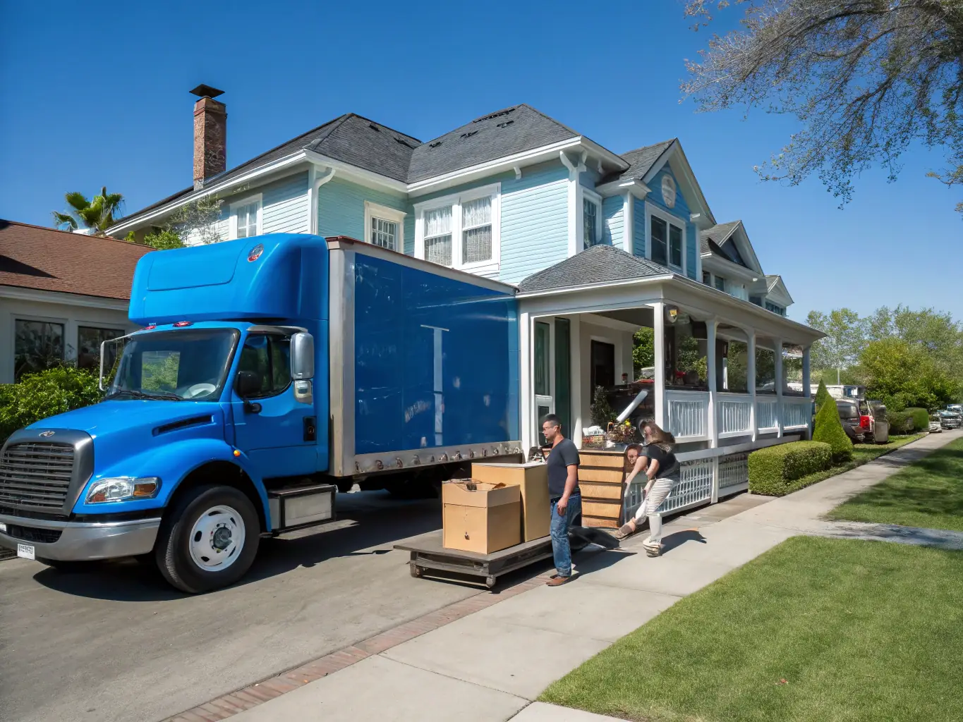 A photograph showcasing a moving truck parked in front of a craftsman-style house in a vibrant Portland neighborhood, with lush greenery and a welcoming atmosphere.