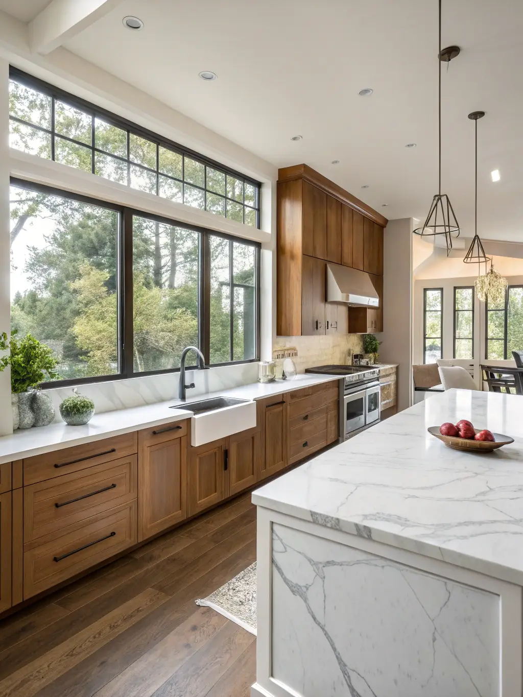 A bright, modern kitchen with stainless steel appliances and a large island, representing the 'Kitchen Features' filter option. The image should be well-lit and inviting, showcasing a desirable kitchen space.