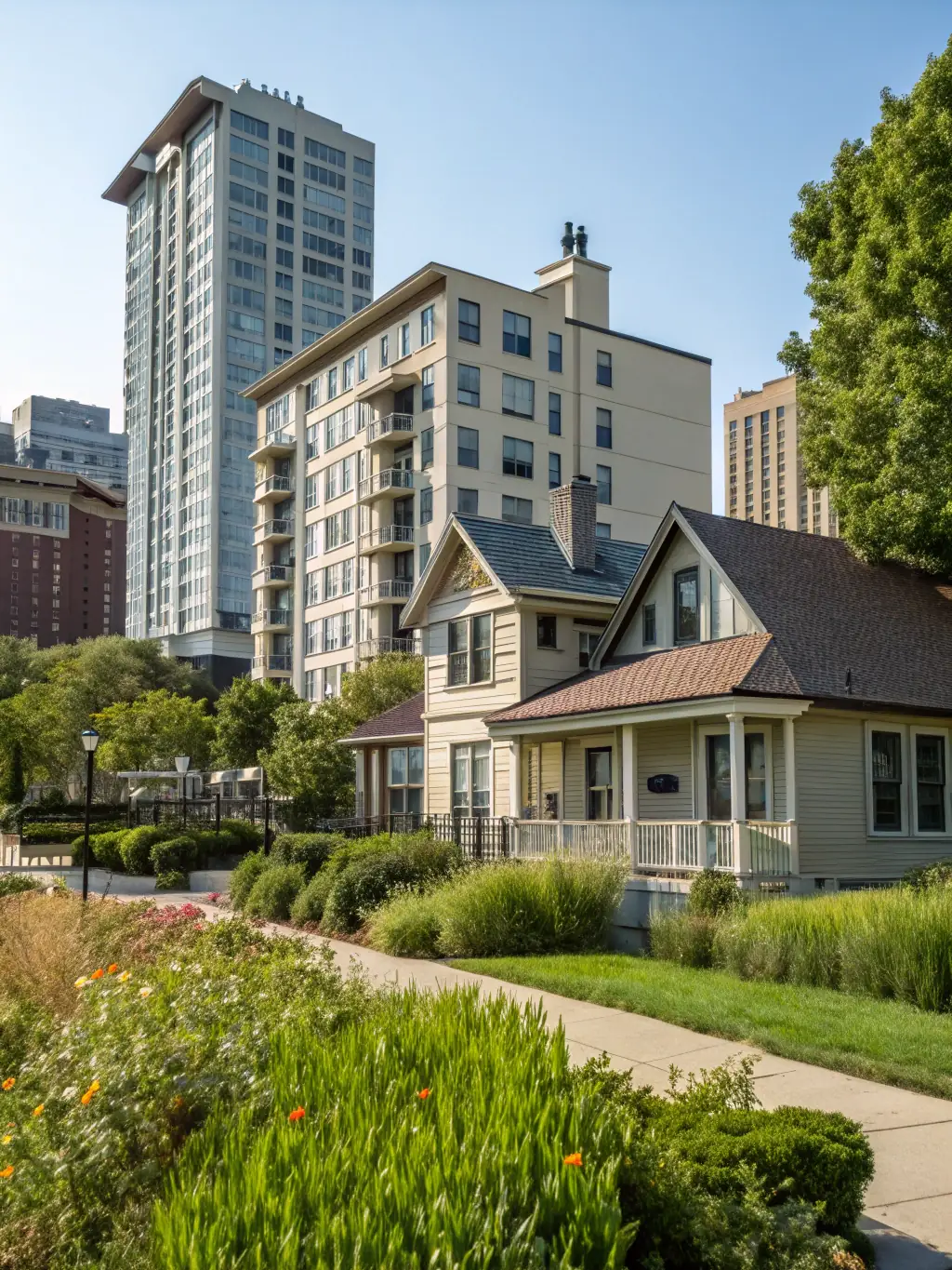 A variety of house styles, from craftsman bungalows to modern condos, representing the 'Property Type' filter option. The image should showcase the diversity of housing options available in Portland.